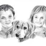 Portrait enfants et toutou, crayon graphite