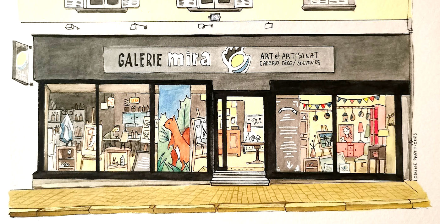 Aquarelle façade Galerie Mira