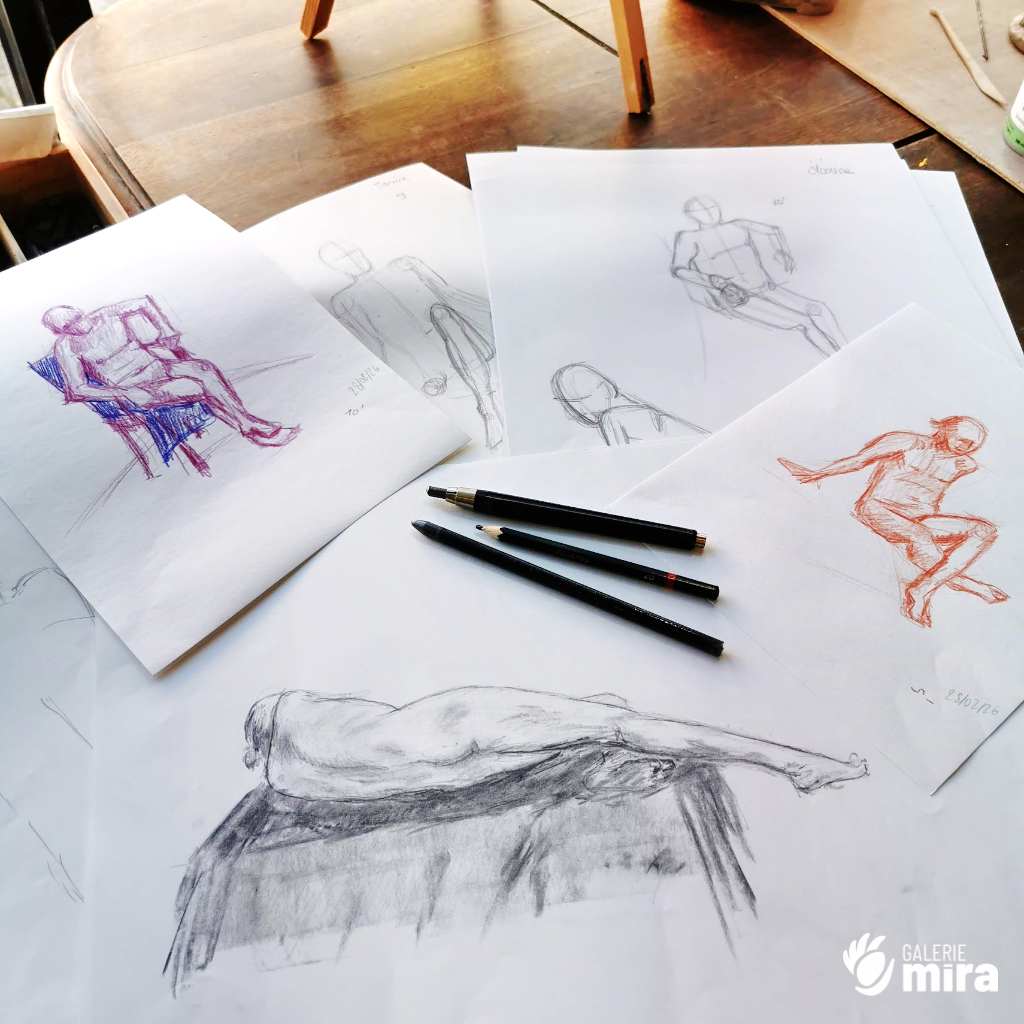 Exemples de dessins à l'atelier modèle vivant.